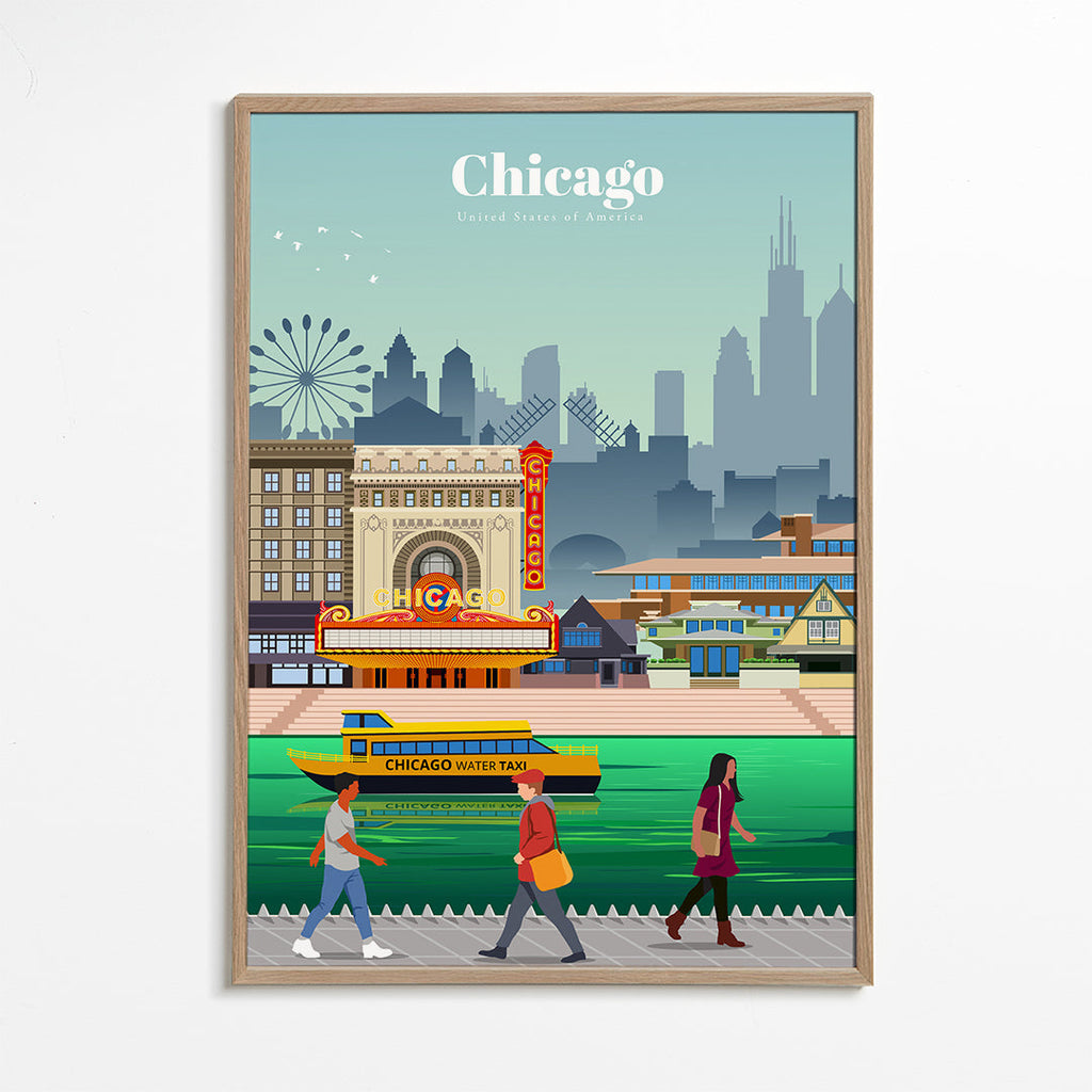 Rejseplakat: Chicagos skyline med vandskib