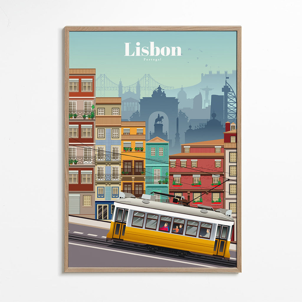 Rejseplakat: gul sporvogn fra Lissabon
