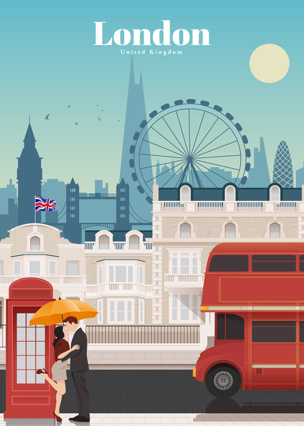 Rejseplakat London med rød bus