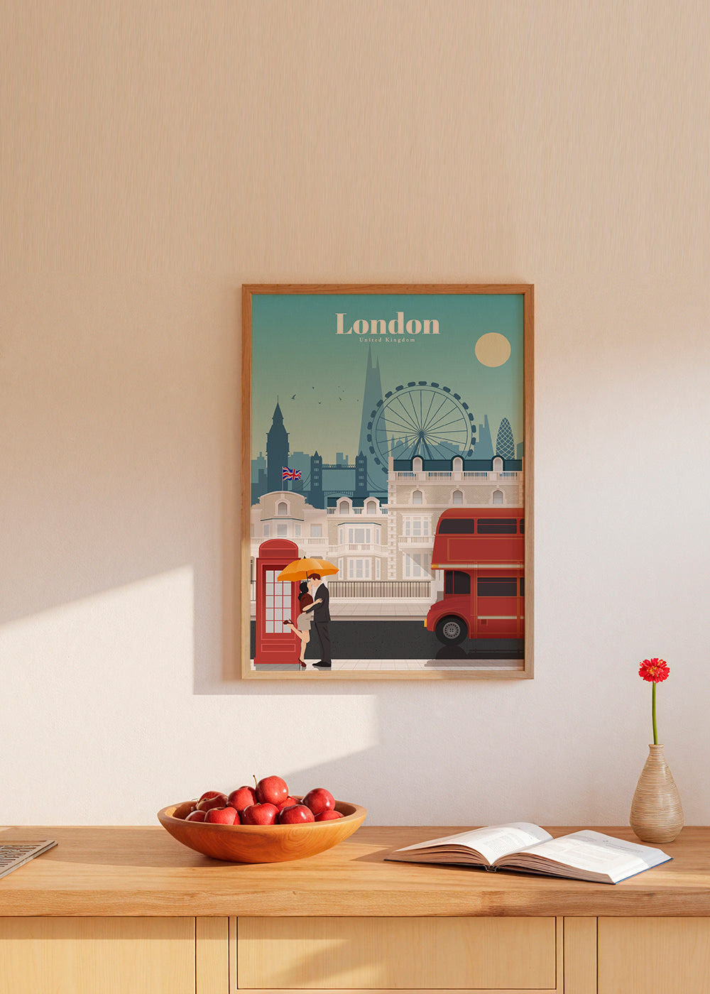 Rejseplakat London med rød bus