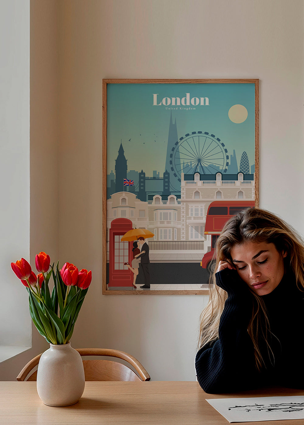 Rejseplakat London med rød bus