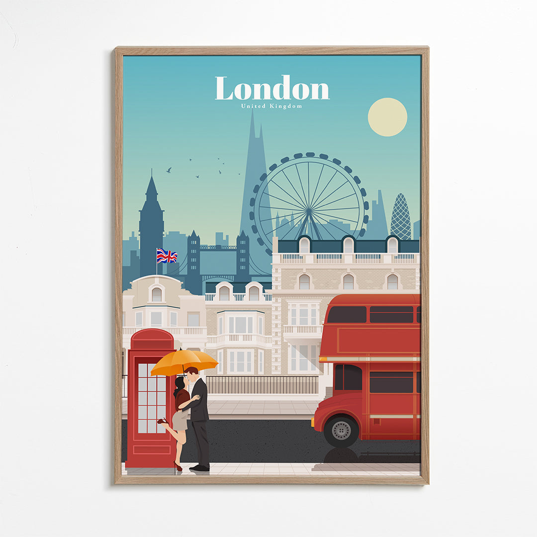 Rejseplakat London med rød bus