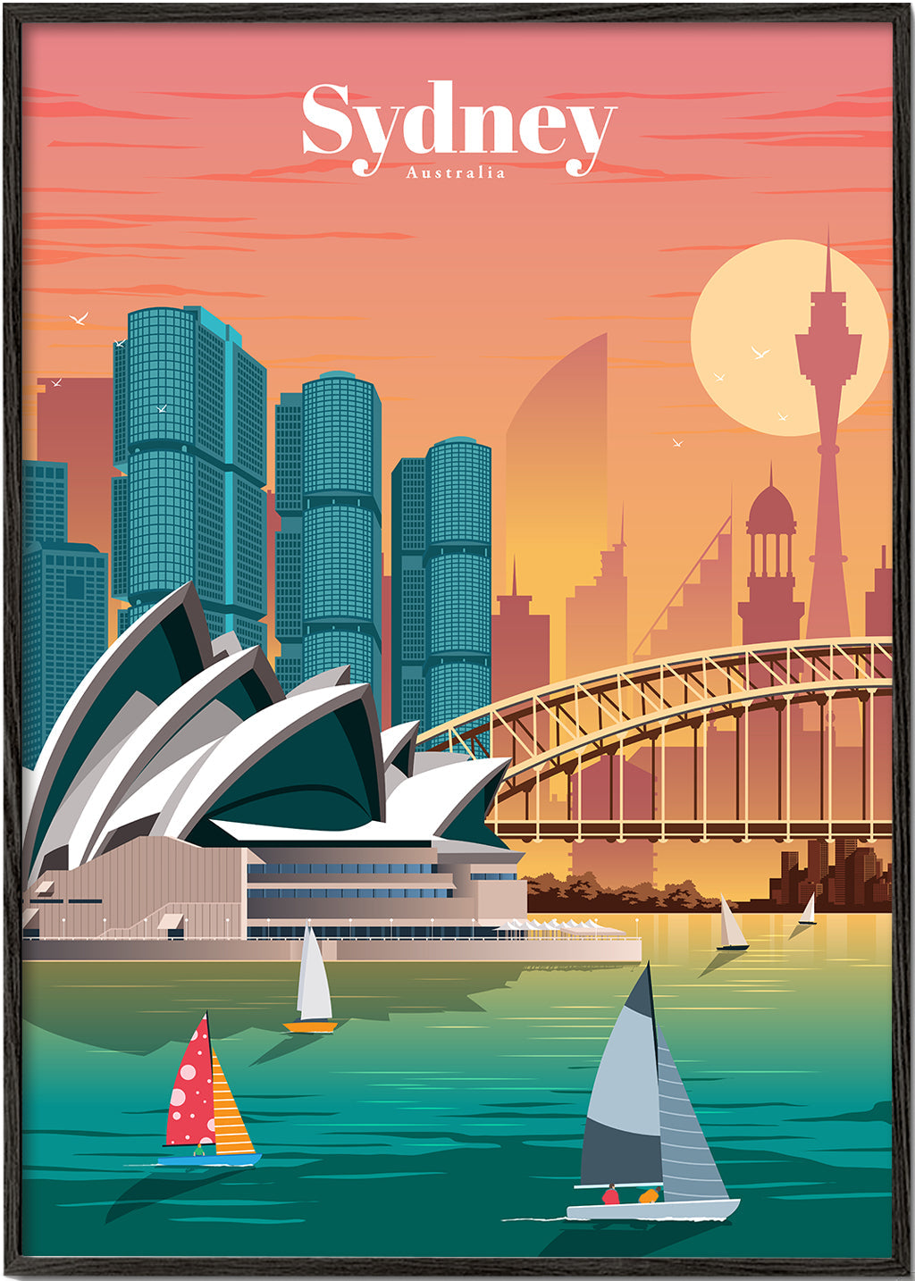 Rejseplakat med Sydneys skyline