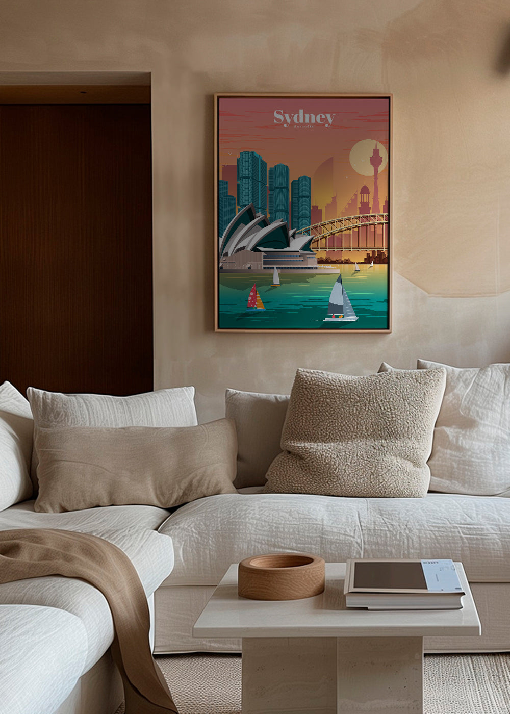 Rejseplakat med Sydneys skyline