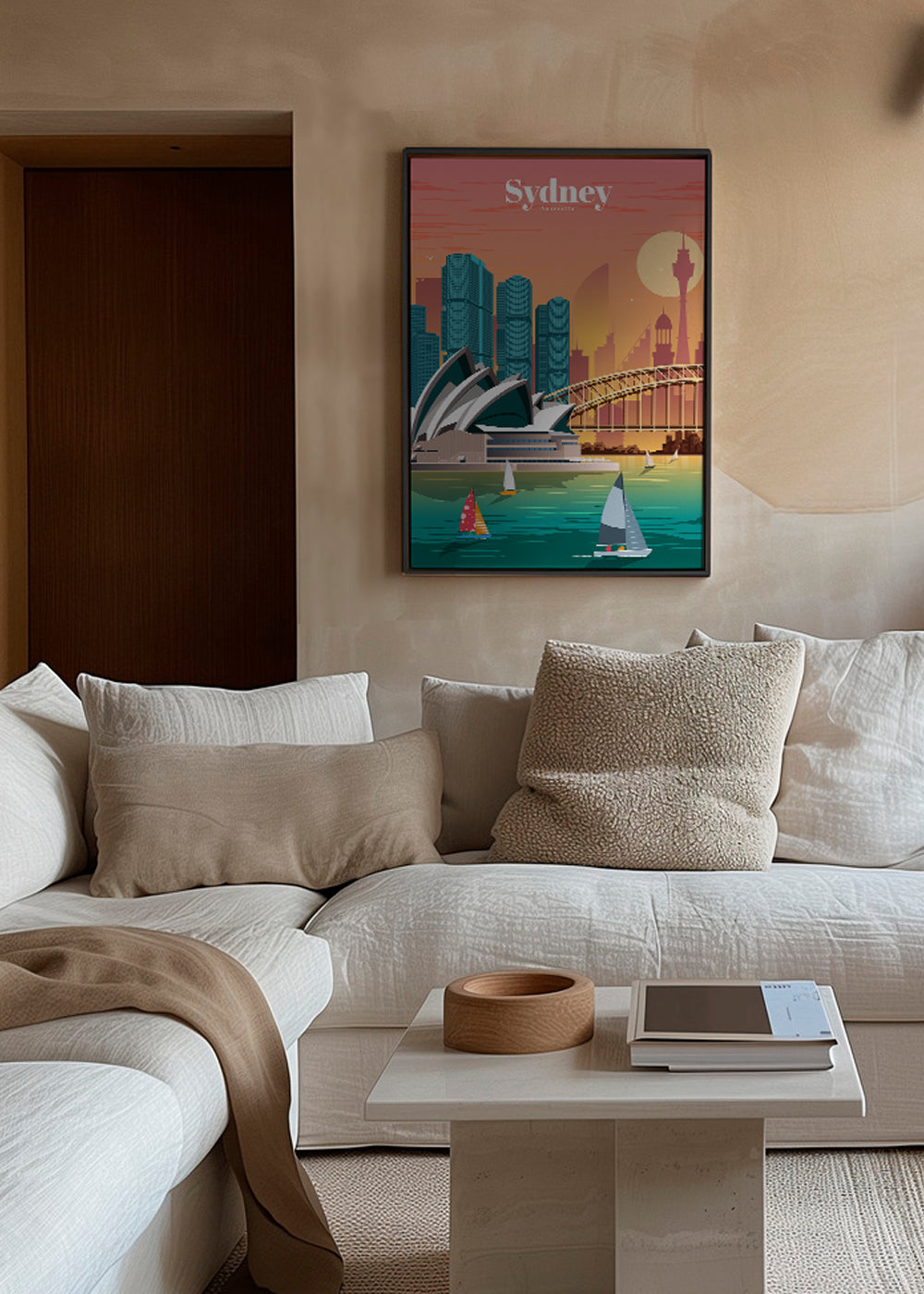 Rejseplakat med Sydneys skyline