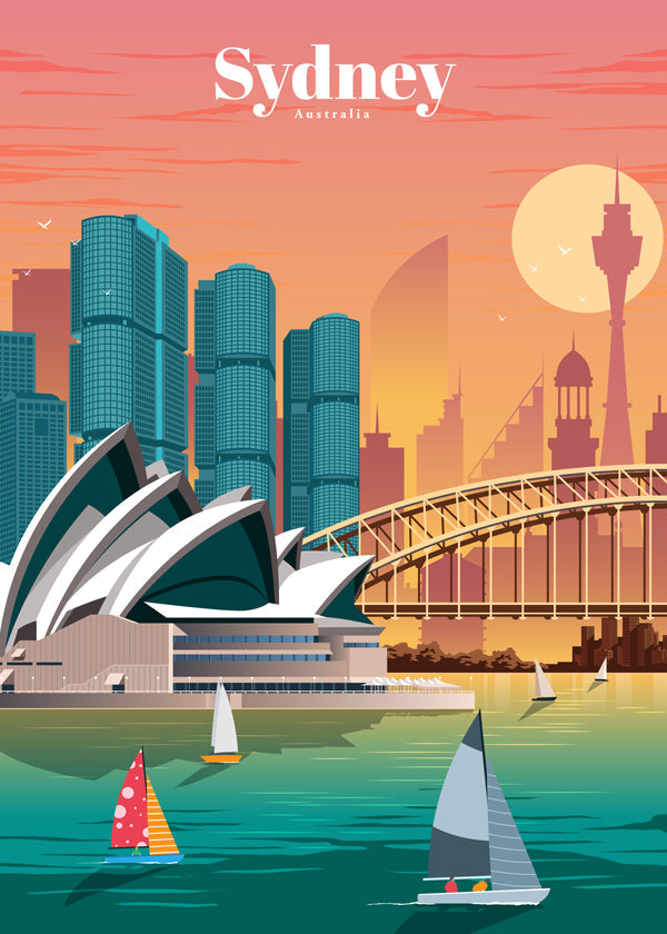 Rejseplakat med Sydneys skyline