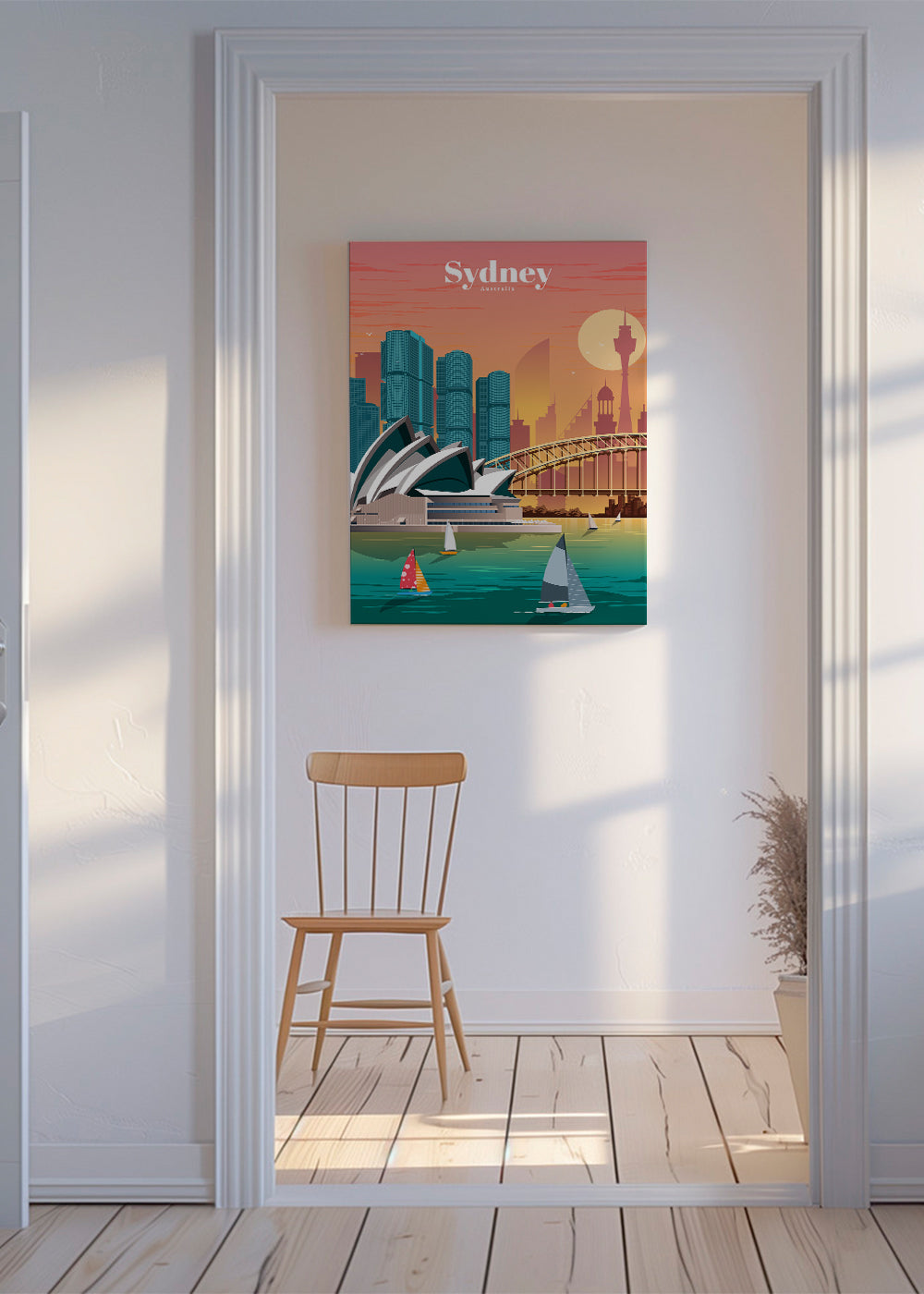 Rejseplakat med Sydneys skyline