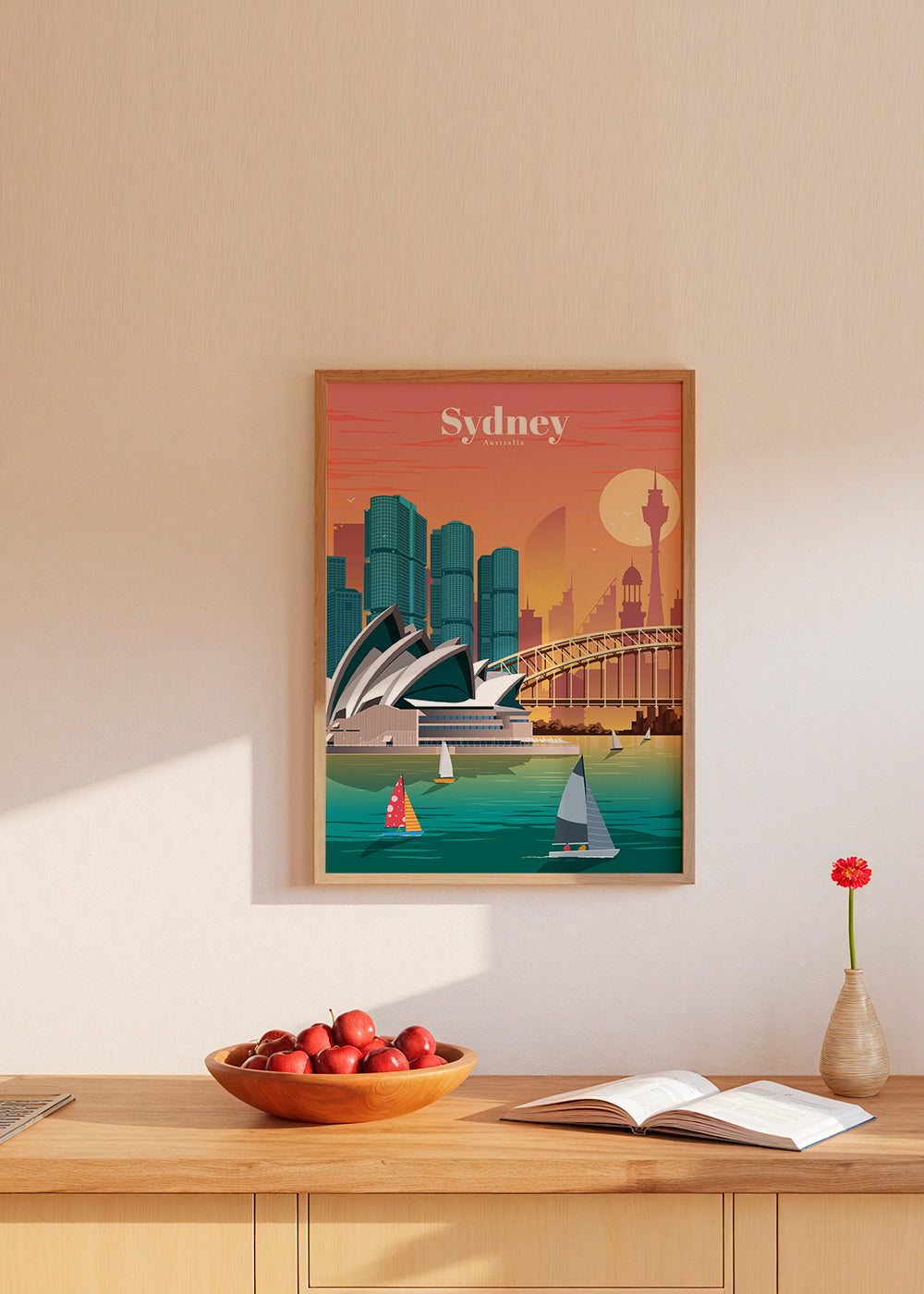 Rejseplakat med Sydneys skyline