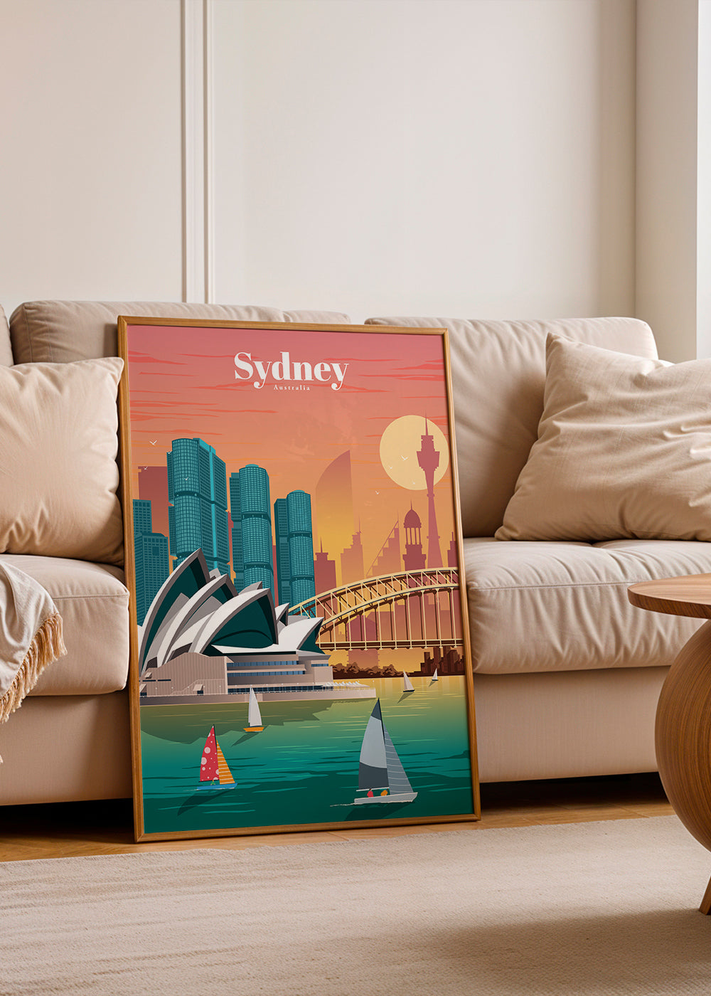 Rejseplakat med Sydneys skyline