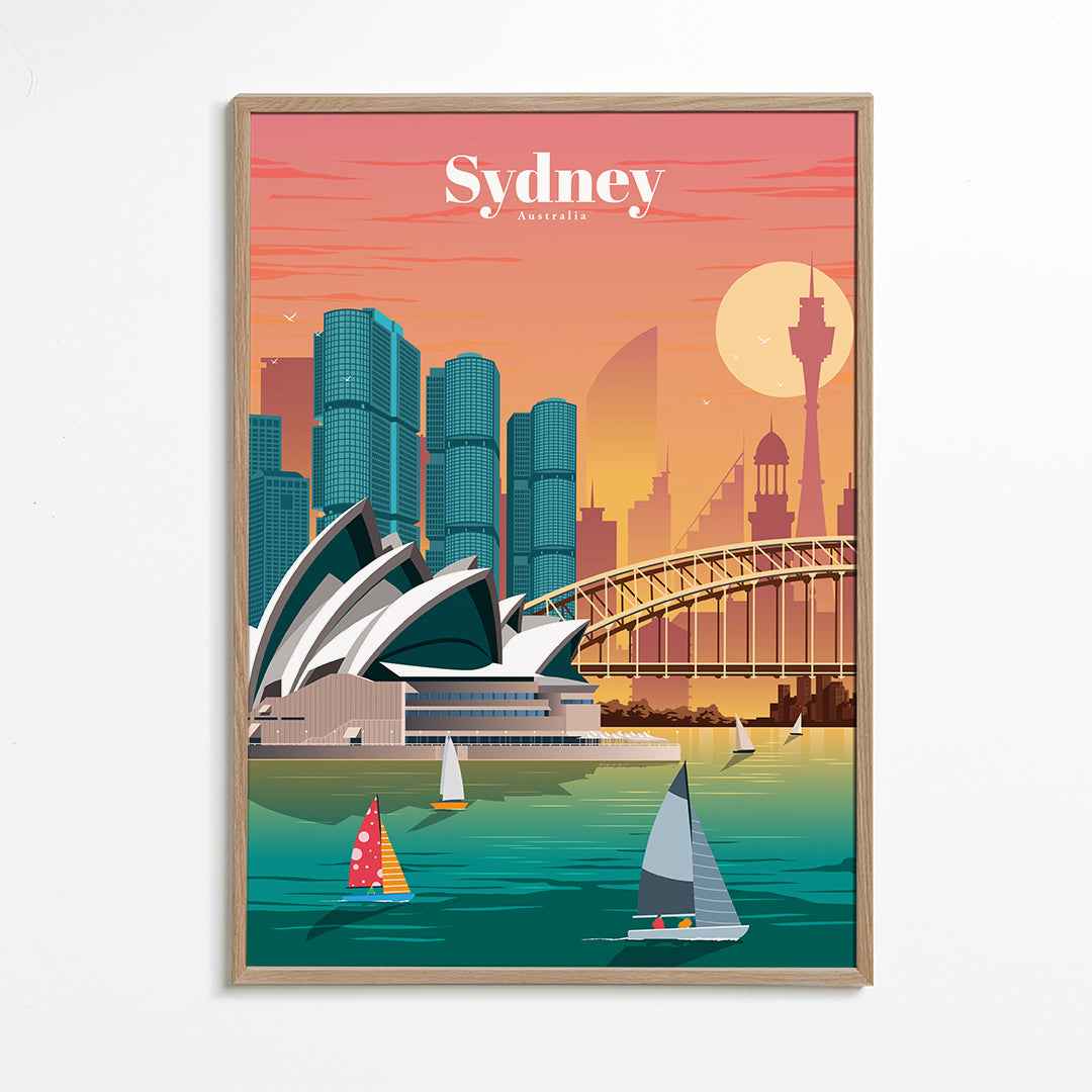 Rejseplakat med Sydneys skyline