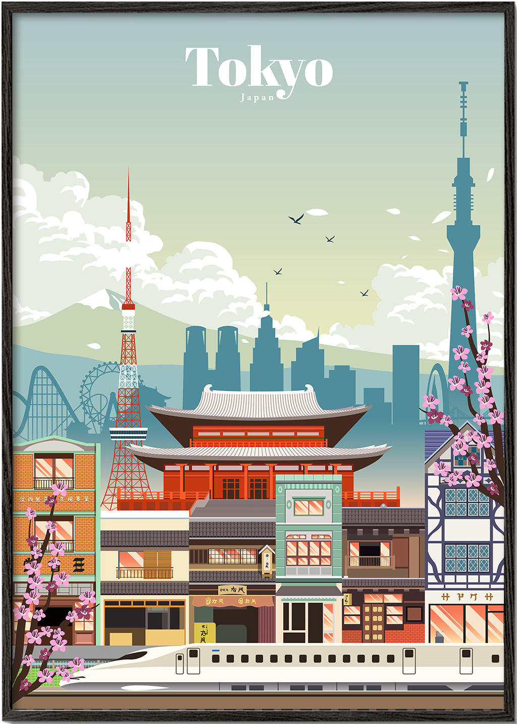 Tokyo byplakat med tempel og shinkansen
