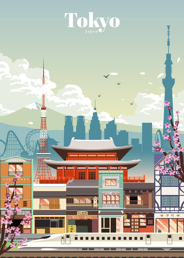 Tokyo byplakat med tempel og shinkansen