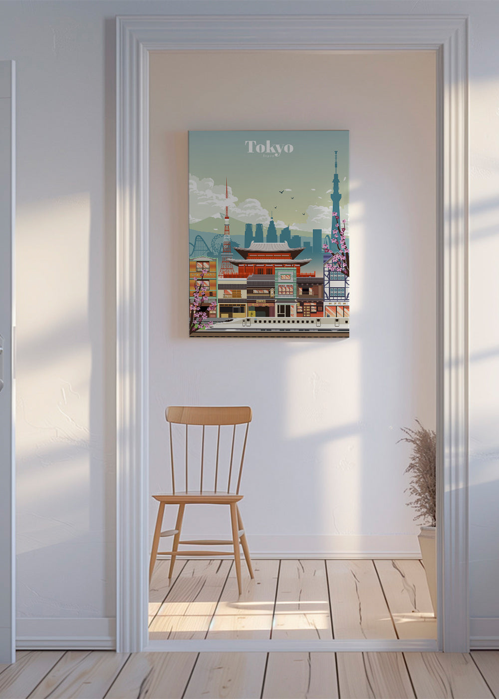 Tokyo byplakat med tempel og shinkansen