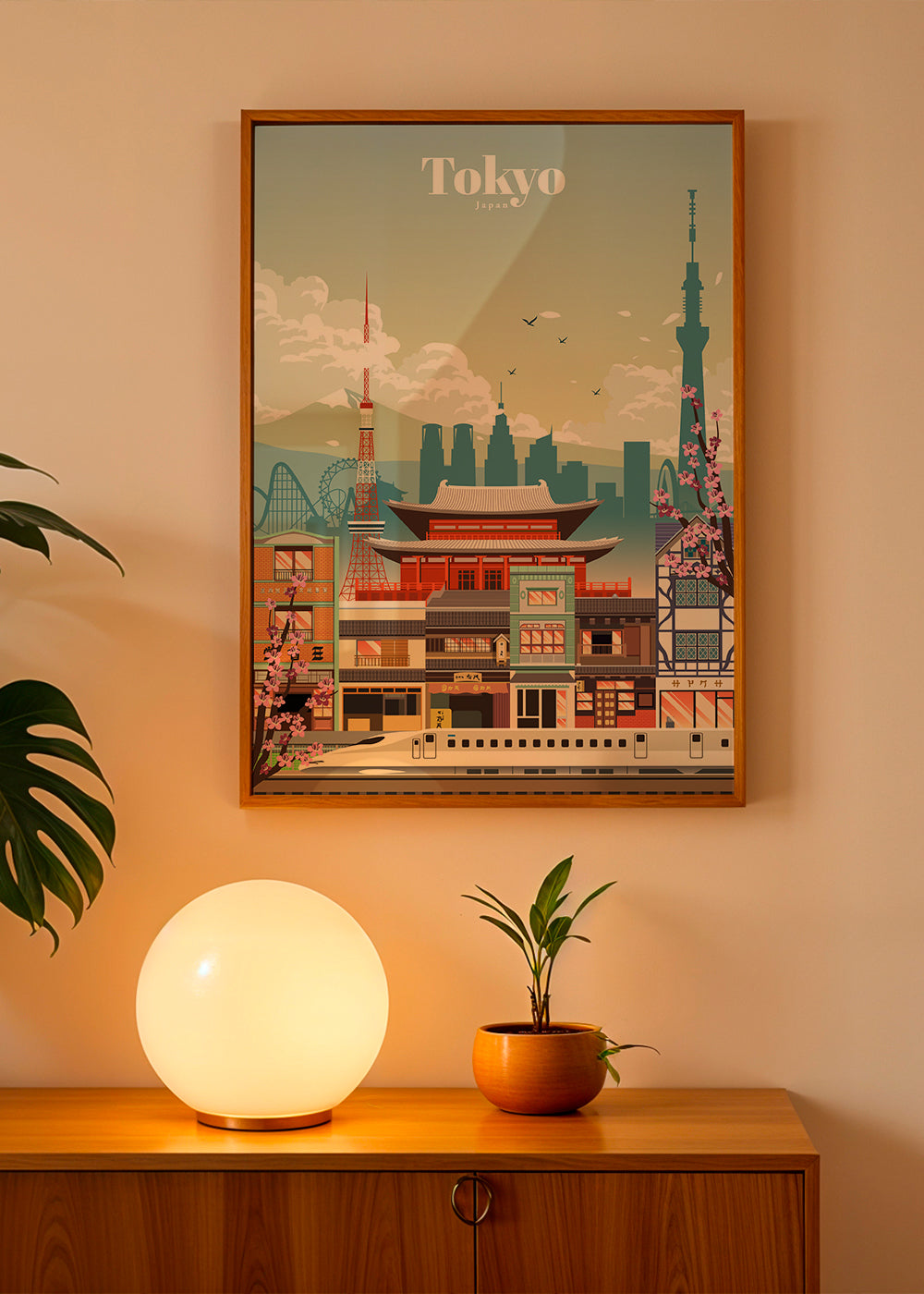 Tokyo byplakat med tempel og shinkansen