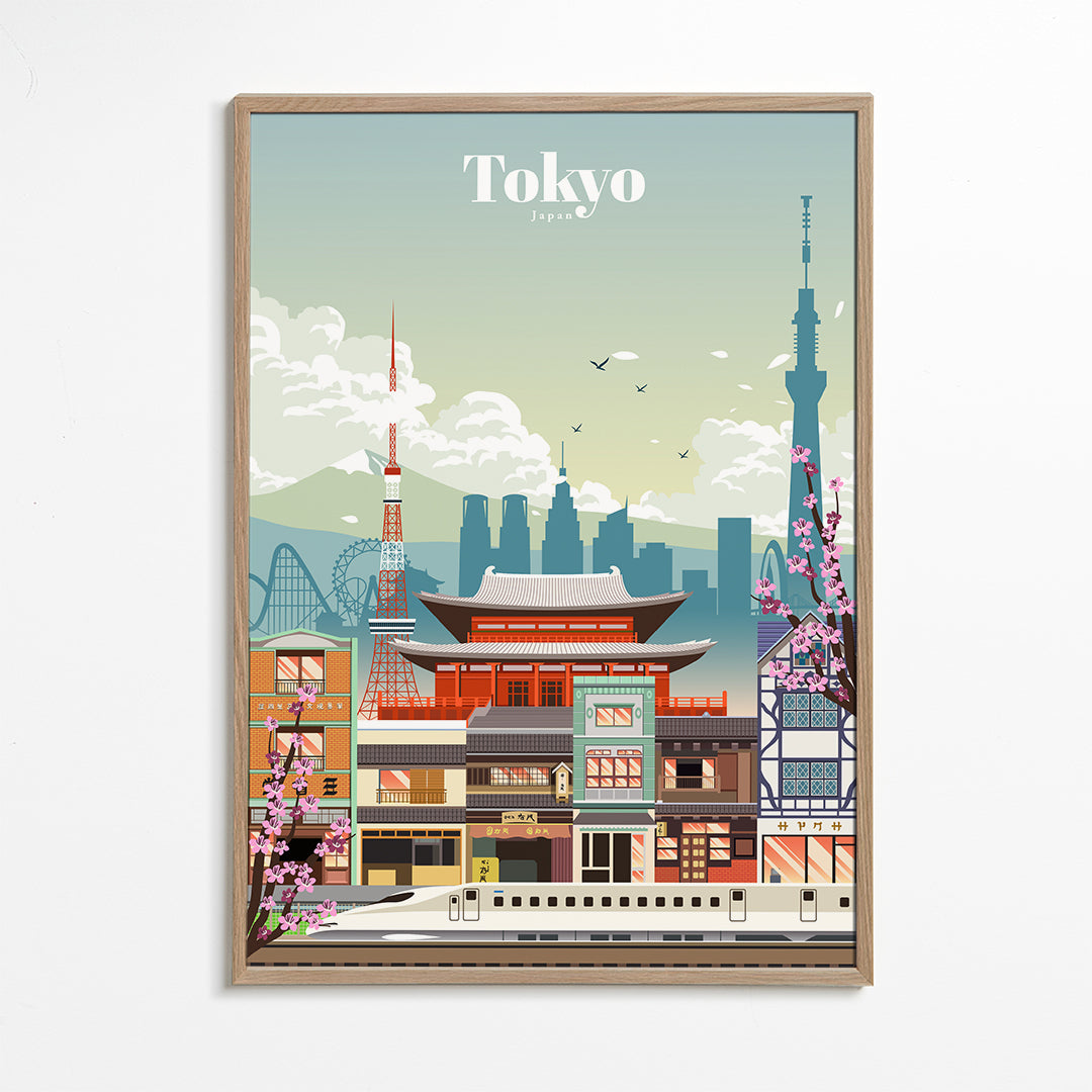 Tokyo byplakat med tempel og shinkansen