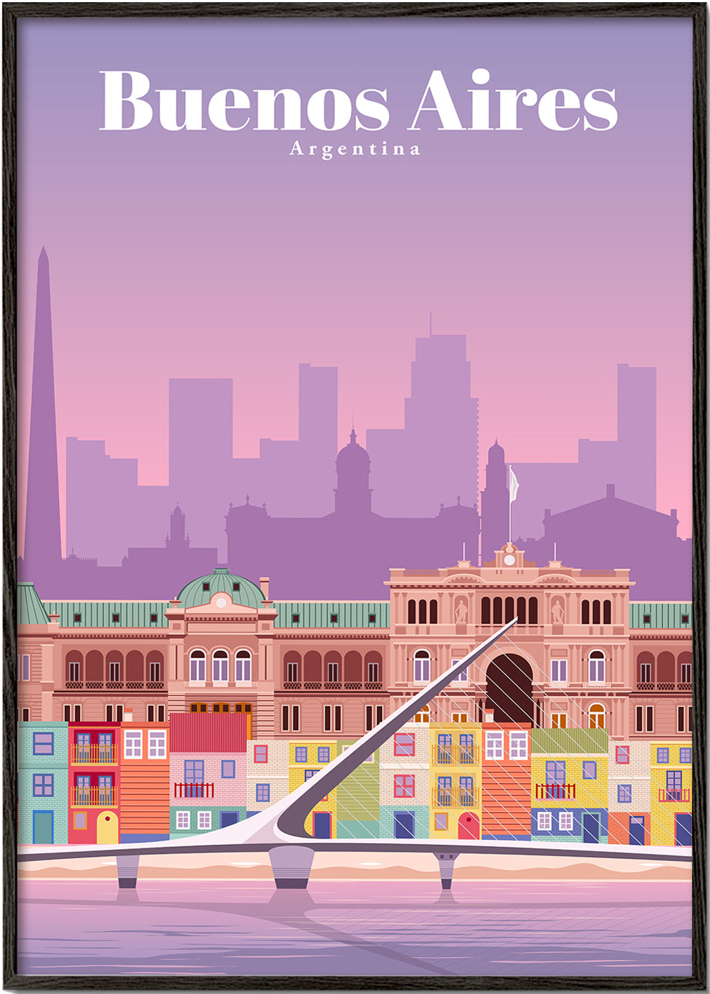 Rejseplakat: Farverig illustration af Buenos Aires
