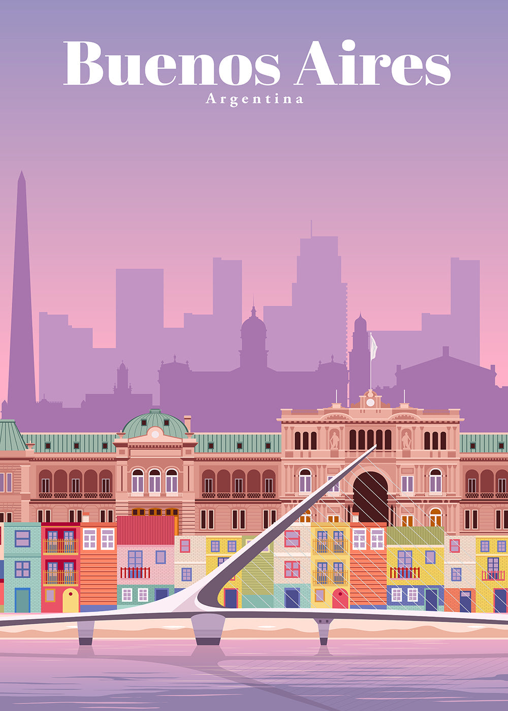Rejseplakat: Farverig illustration af Buenos Aires