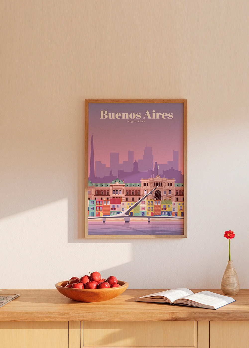 Rejseplakat: Farverig illustration af Buenos Aires