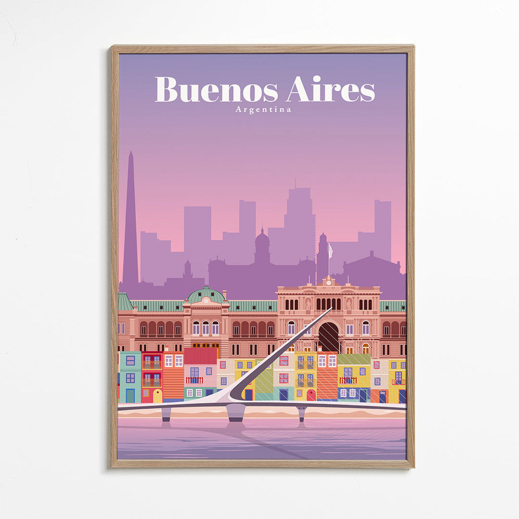 Rejseplakat: Farverig illustration af Buenos Aires