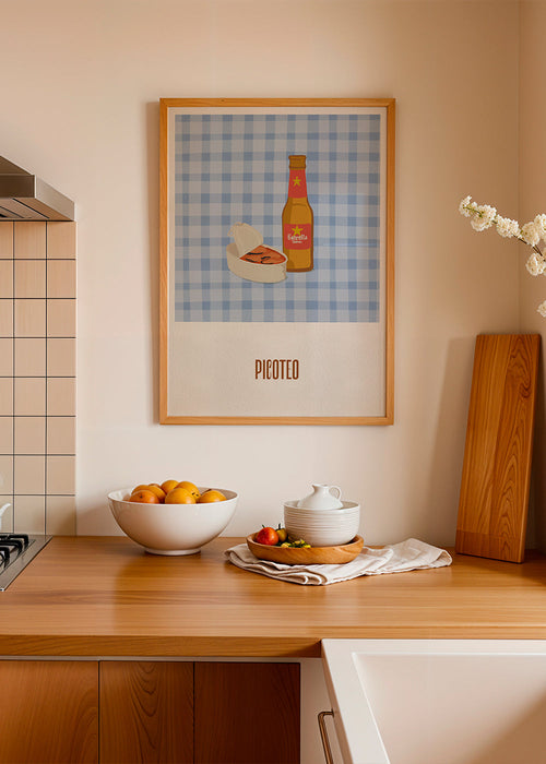 Køkkenkunst med ølflaske og snack
