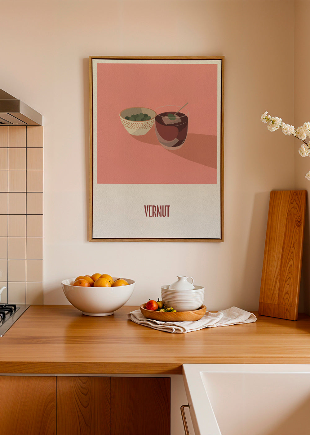 Køkkenkunst Vermut og oliven minimal illustration