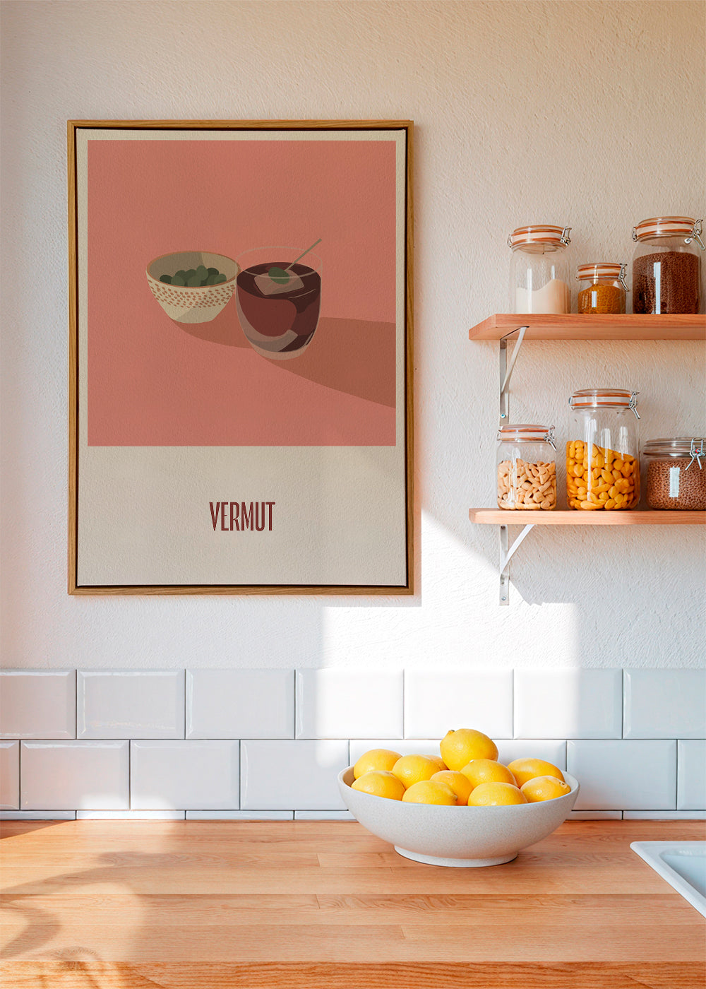 Køkkenkunst Vermut og oliven minimal illustration