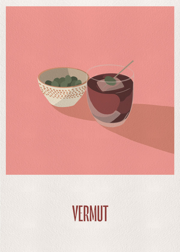 Køkkenkunst Vermut og oliven minimal illustration