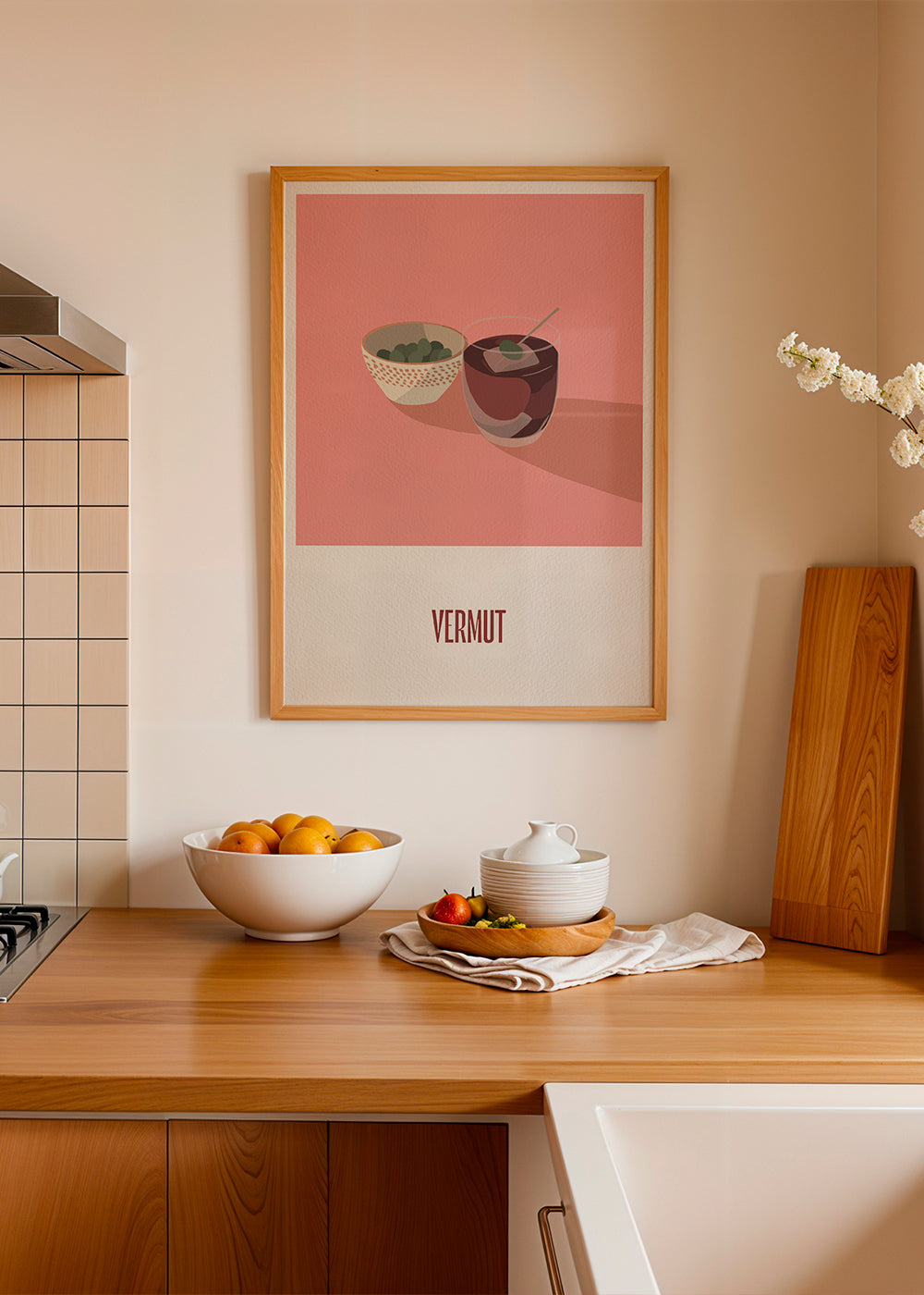 Køkkenkunst Vermut og oliven minimal illustration