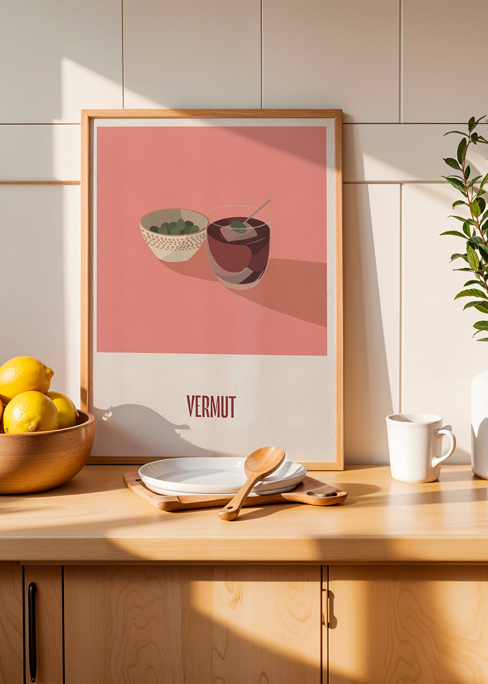 Køkkenkunst Vermut og oliven minimal illustration
