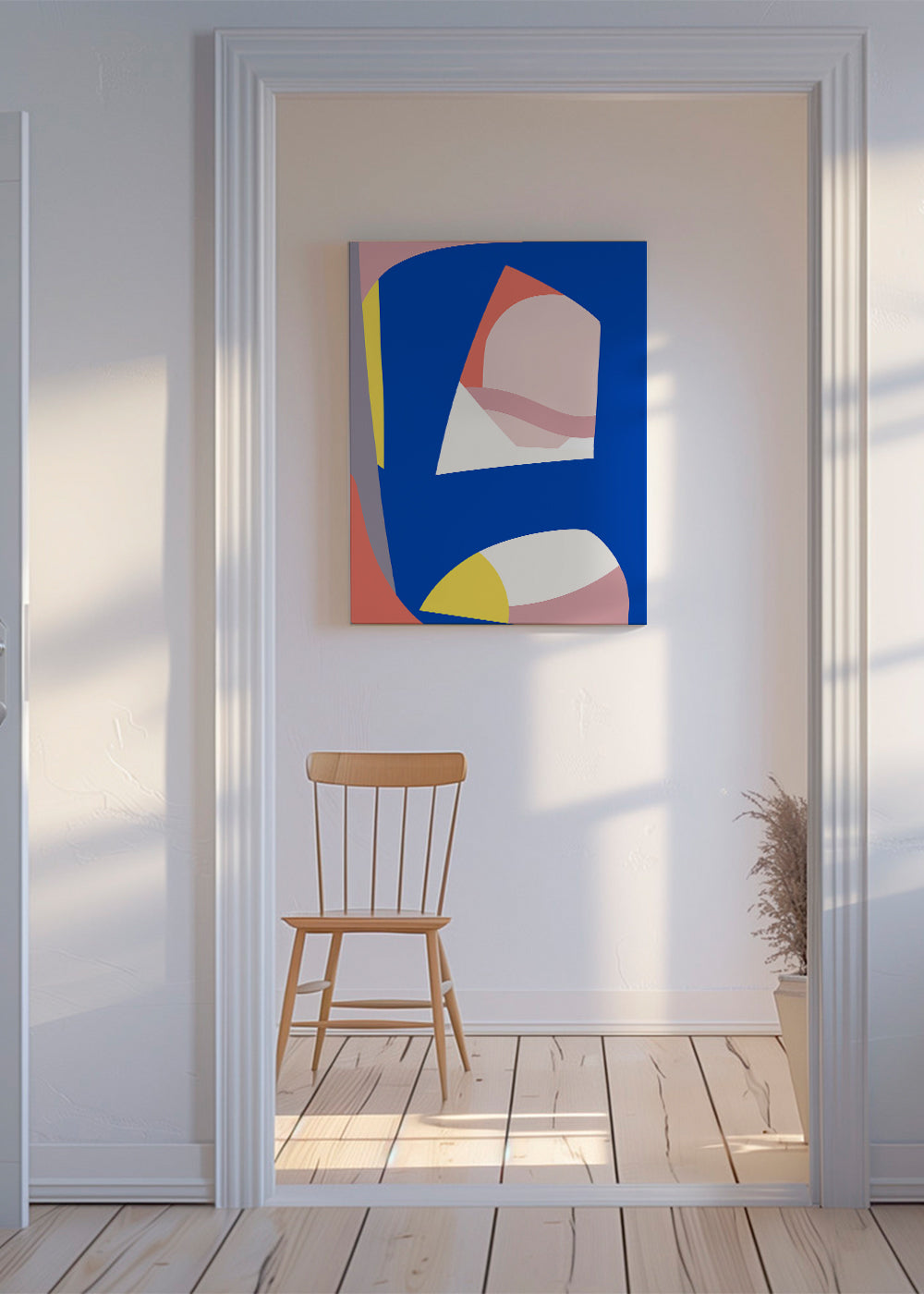 Geometrisk plakat med organiske blå former