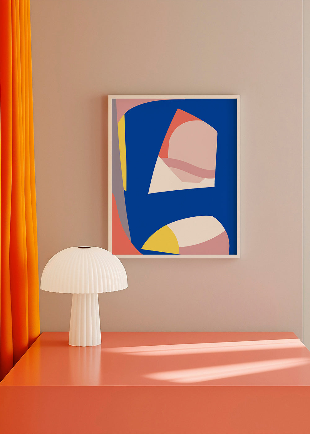 Geometrisk plakat med organiske blå former