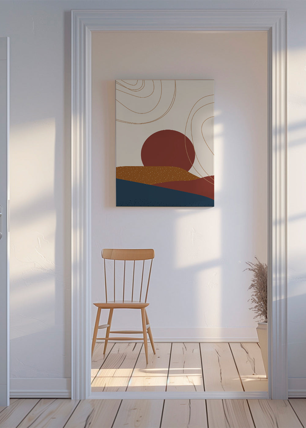 Abstrakt kunst: terracotta sol og lagdelte bakker
