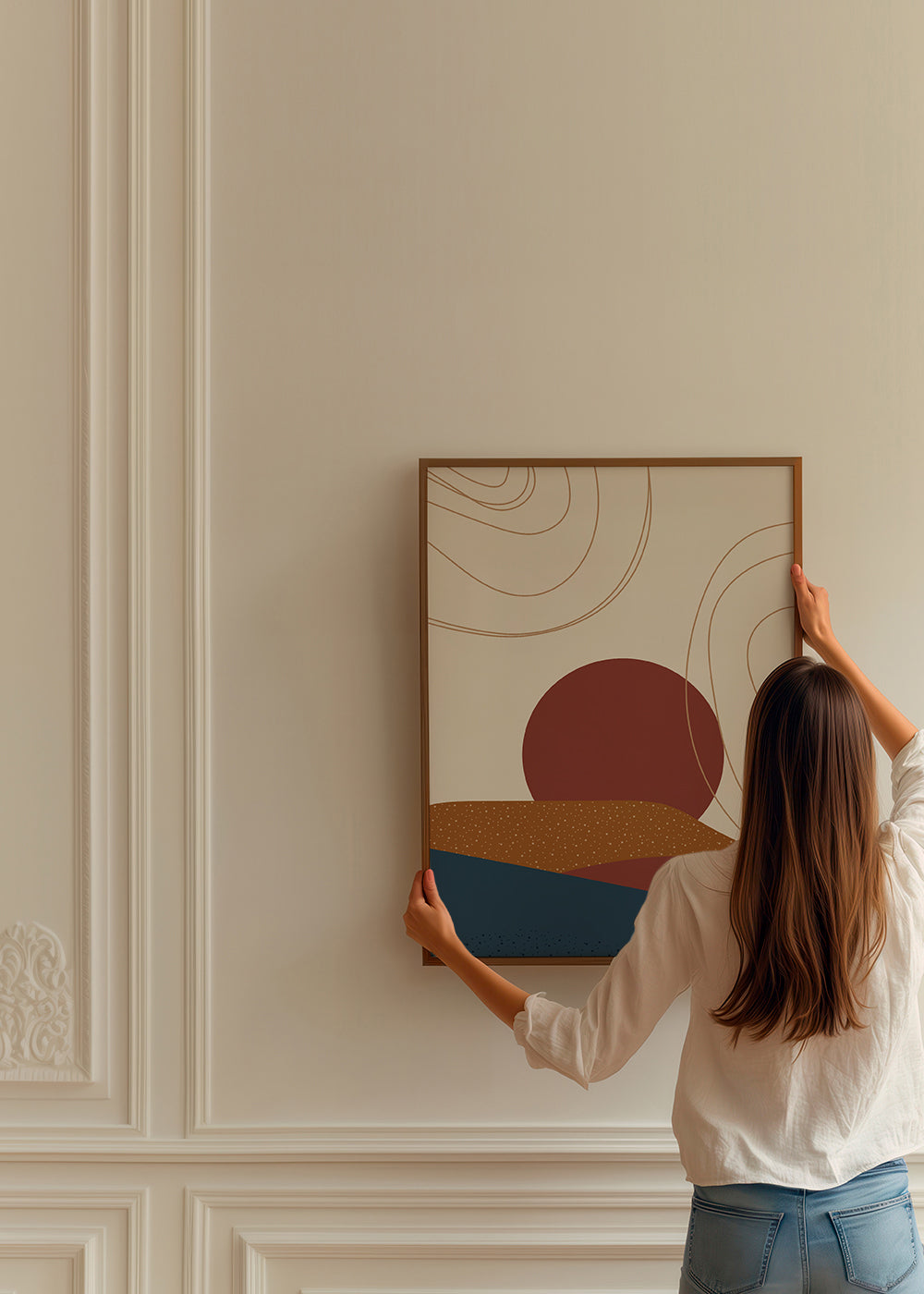Abstrakt kunst: terracotta sol og lagdelte bakker