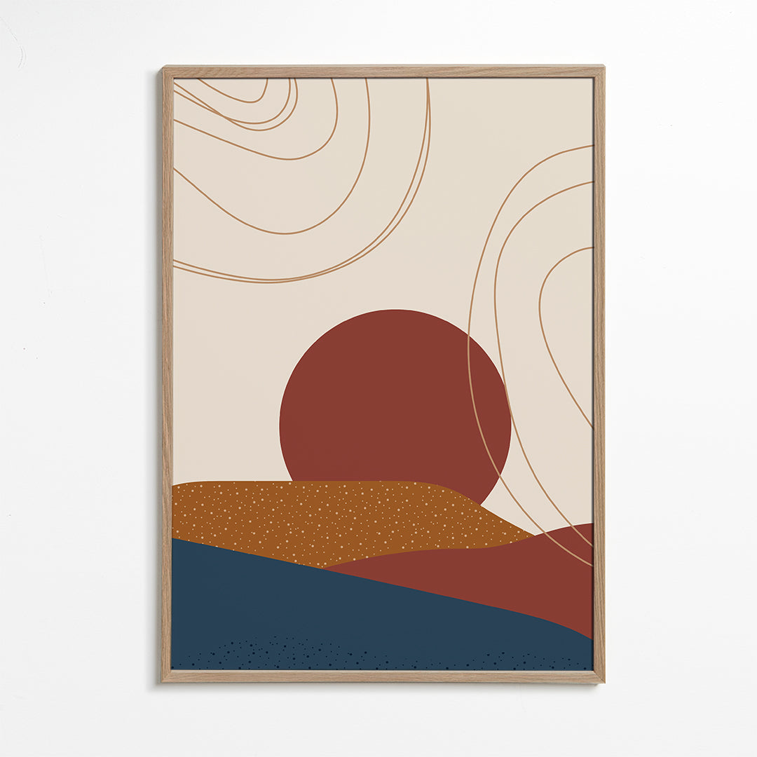 Abstrakt kunst: terracotta sol og lagdelte bakker