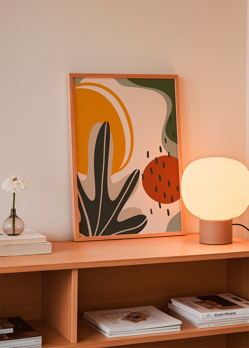 Botanisk plakat med organiske sennep- og terrakottaformer
