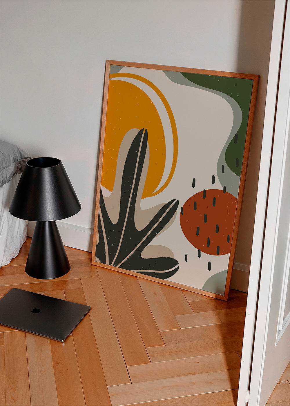 Botanisk plakat med organiske sennep- og terrakottaformer