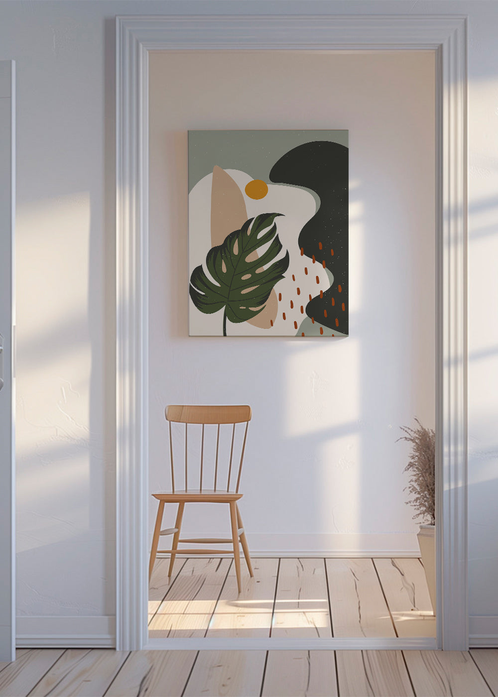 Botanisk plakat med stiliseret monstera-blad