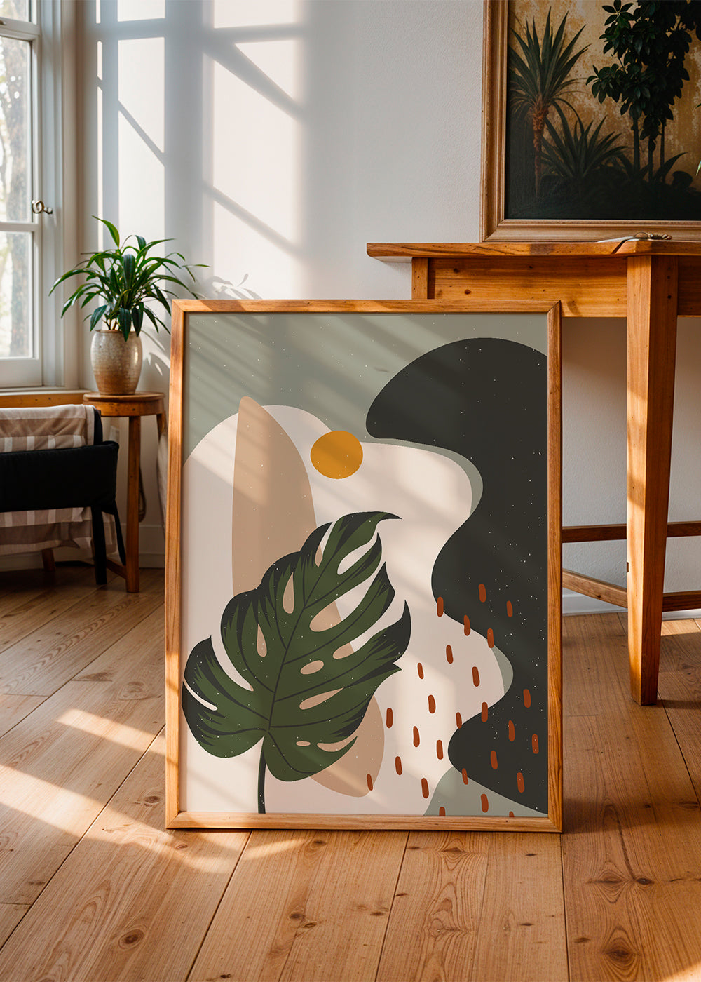 Botanisk plakat med stiliseret monstera-blad