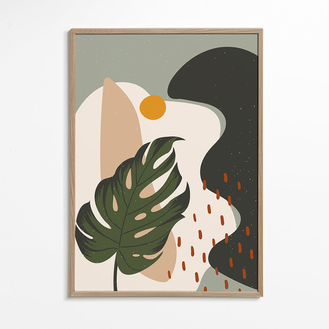 Botanisk plakat med stiliseret monstera-blad
