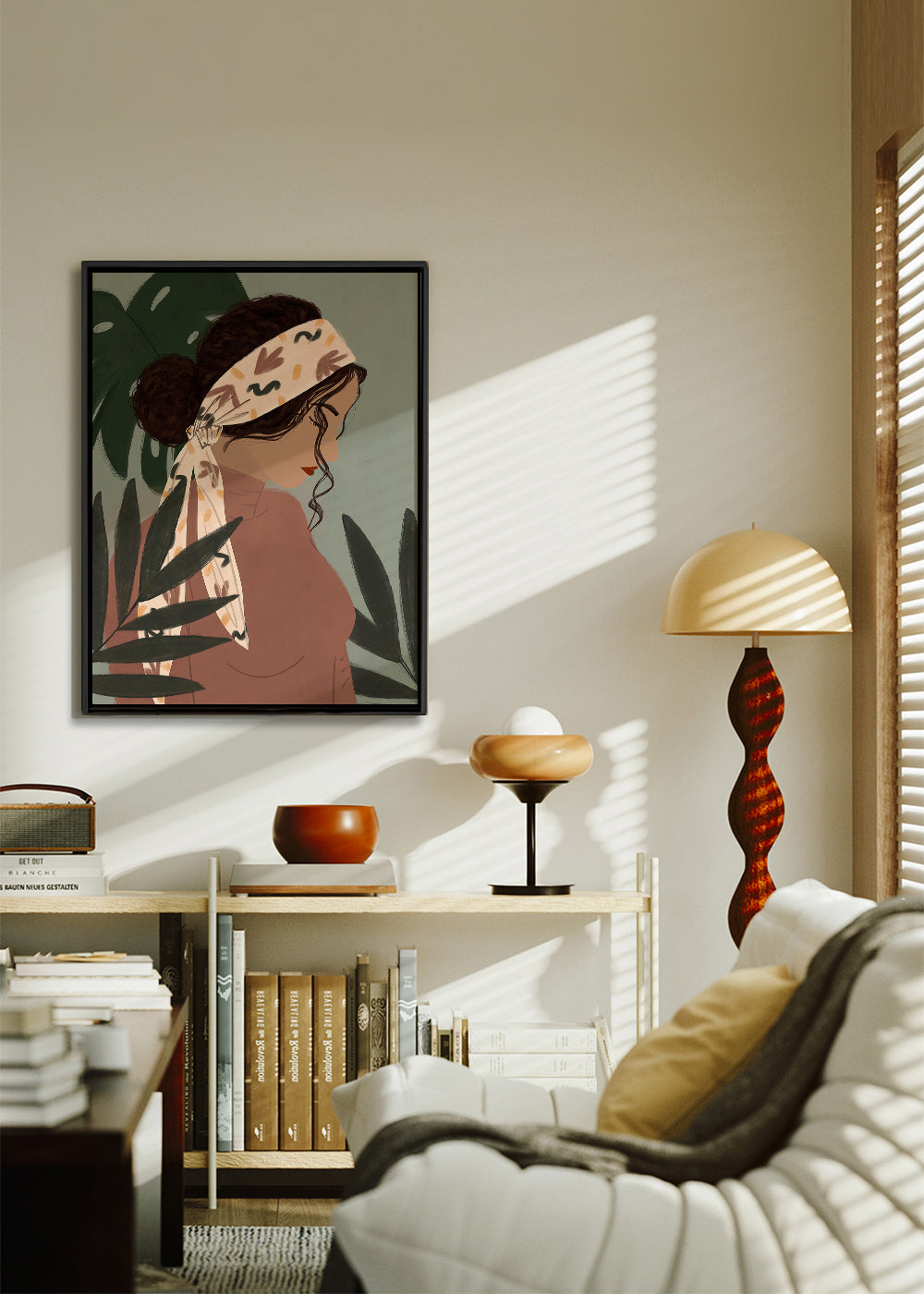 Botanisk plakat: kvinde i profil mellem blade