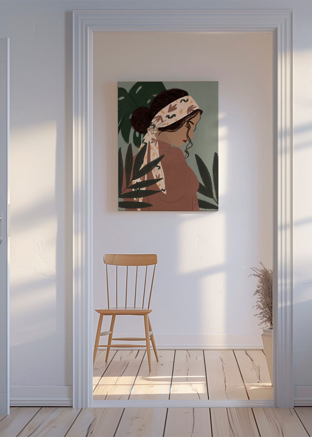 Botanisk plakat: kvinde i profil mellem blade