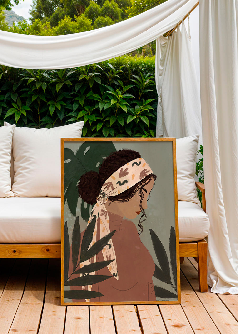 Botanisk plakat: kvinde i profil mellem blade