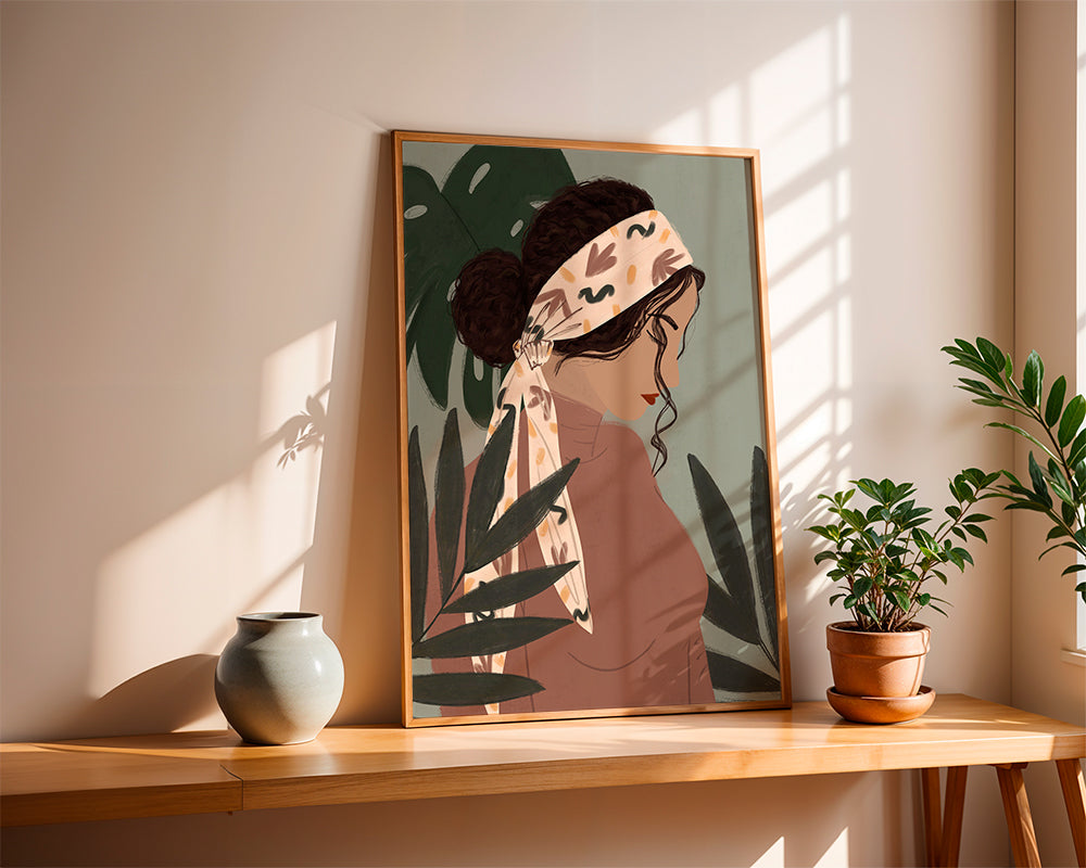 Botanisk plakat: kvinde i profil mellem blade