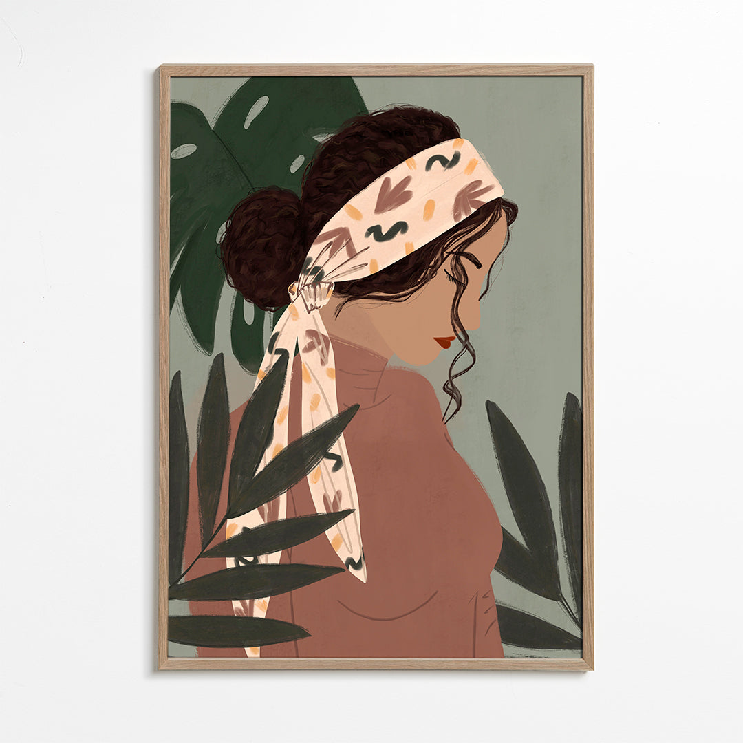 Botanisk plakat: kvinde i profil mellem blade