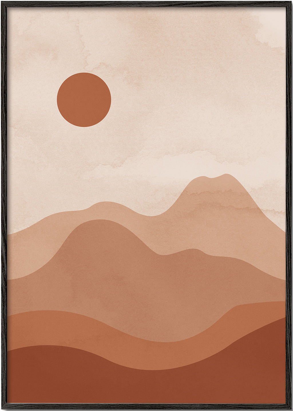 Minimalistisk landskabstavle med terrakotta-sol