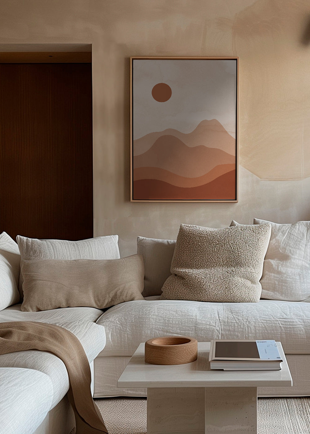Minimalistisk landskabstavle med terrakotta-sol