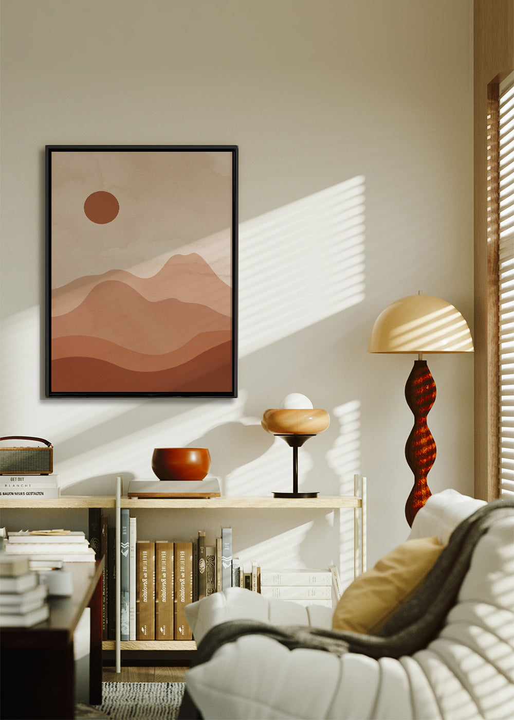 Minimalistisk landskabstavle med terrakotta-sol
