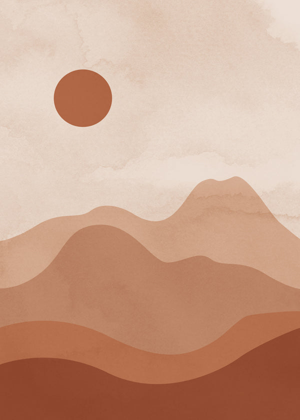 Minimalistisk landskabstavle med terrakotta-sol