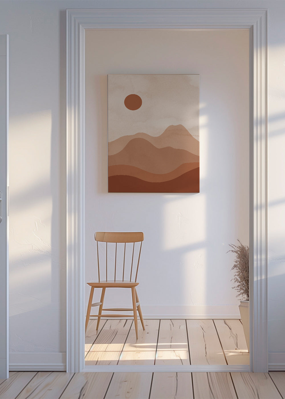 Minimalistisk landskabstavle med terrakotta-sol