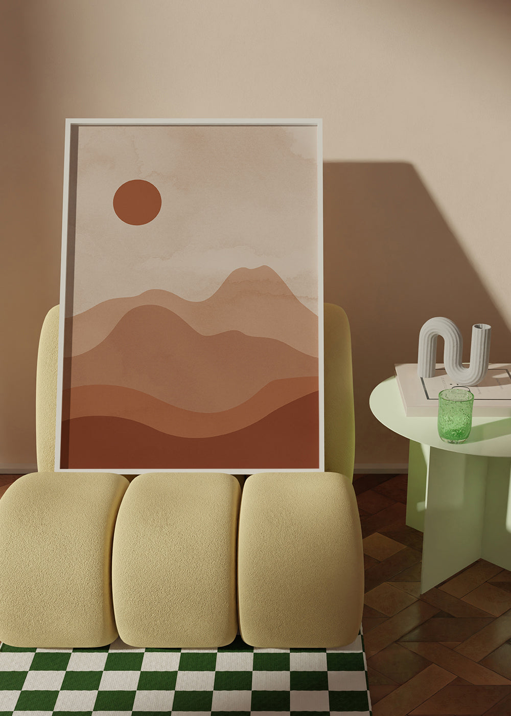 Minimalistisk landskabstavle med terrakotta-sol